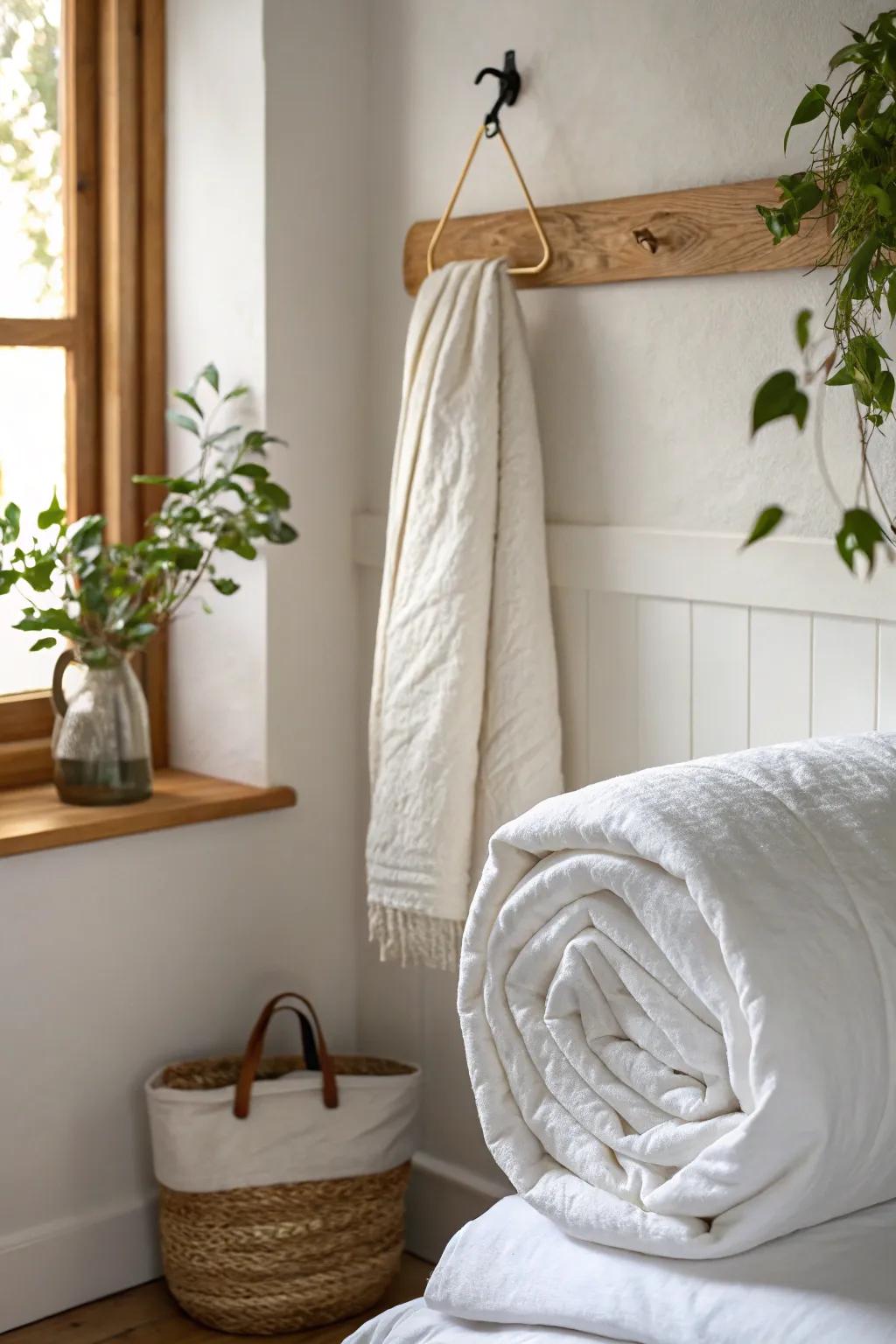 Hang a duvet in a breathable linen cover to free shelf space and keep bedding beautifully tidy.