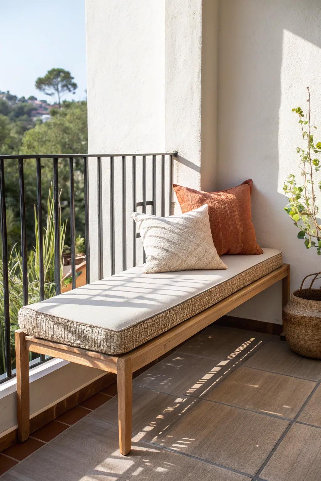 Turn a narrow bedroom balcony into a boutique-hotel nook with a slim daybed bench + linen pillows.