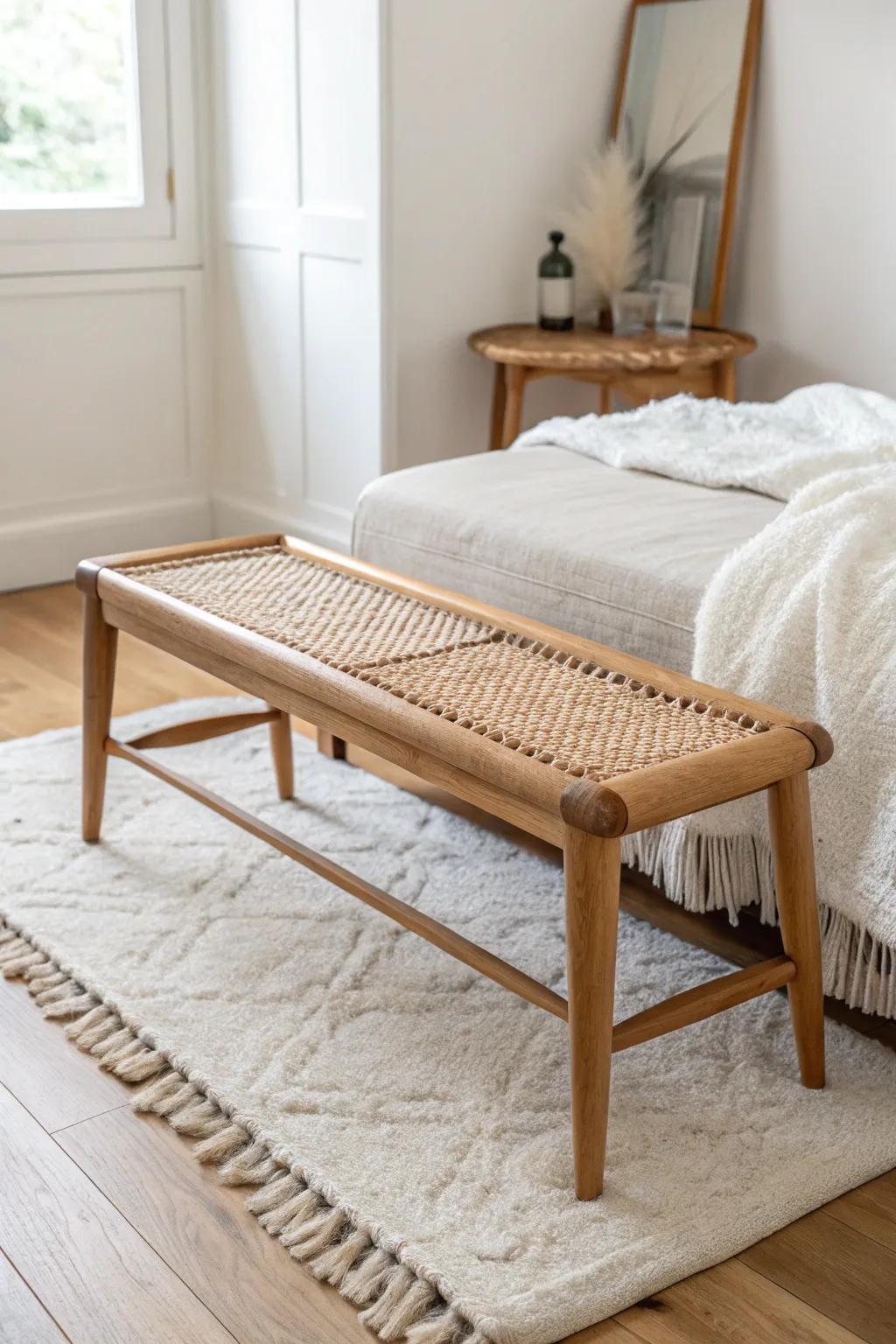 A bench layered on the rug’s edge instantly anchors your sleep zone in a small bedroom.