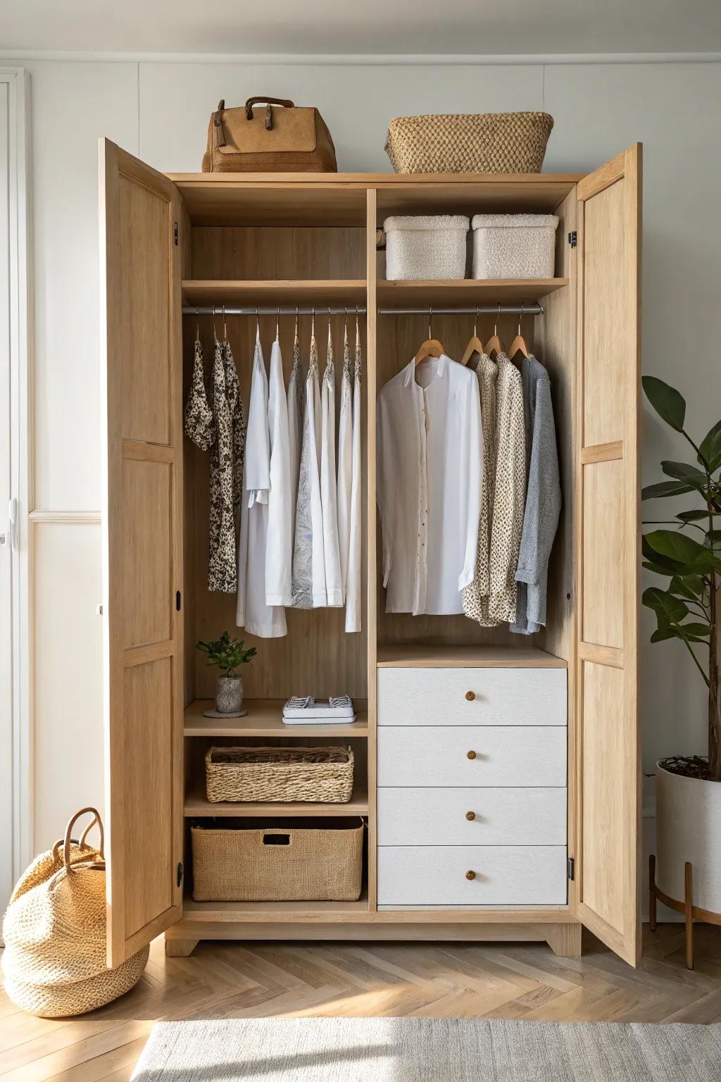 Internal wardrobe organizers: divided drawers, double rods, and bag zones that fit small spaces.