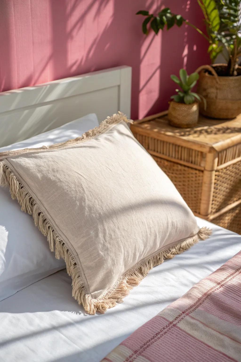 Hot pink accent wall, softened with crisp white bedding and natural textures—bold, not busy.