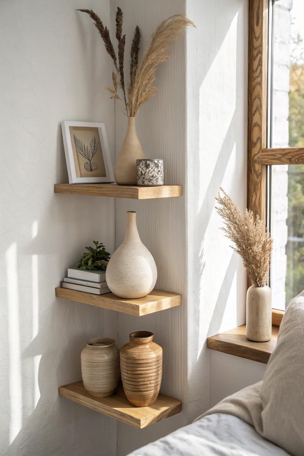 A petite corner shelf turns your favorite keepsakes into a calm, stylish bedroom gallery.