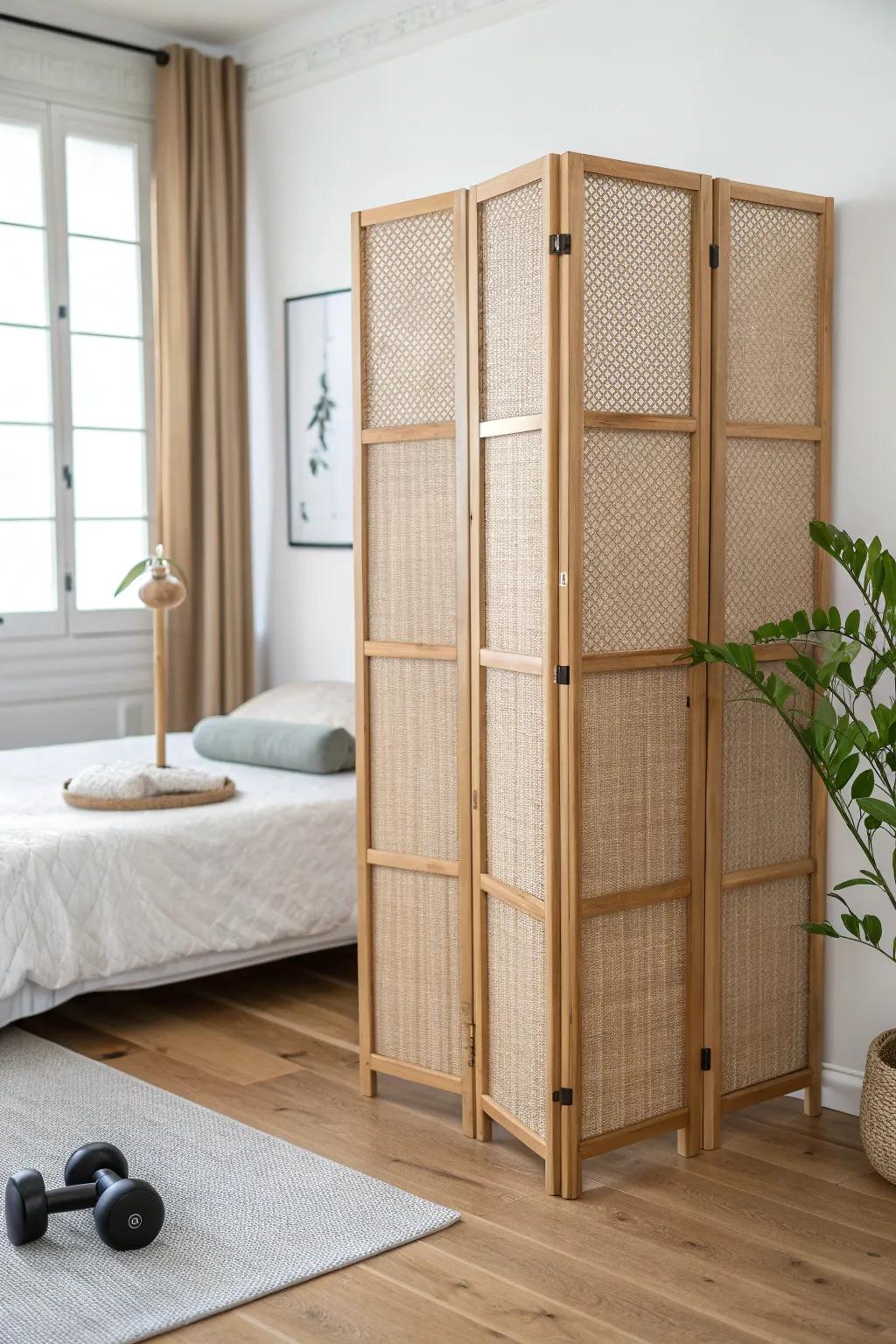 Close the screen, hide the gear—your bedroom gym switches to calm in seconds at night.