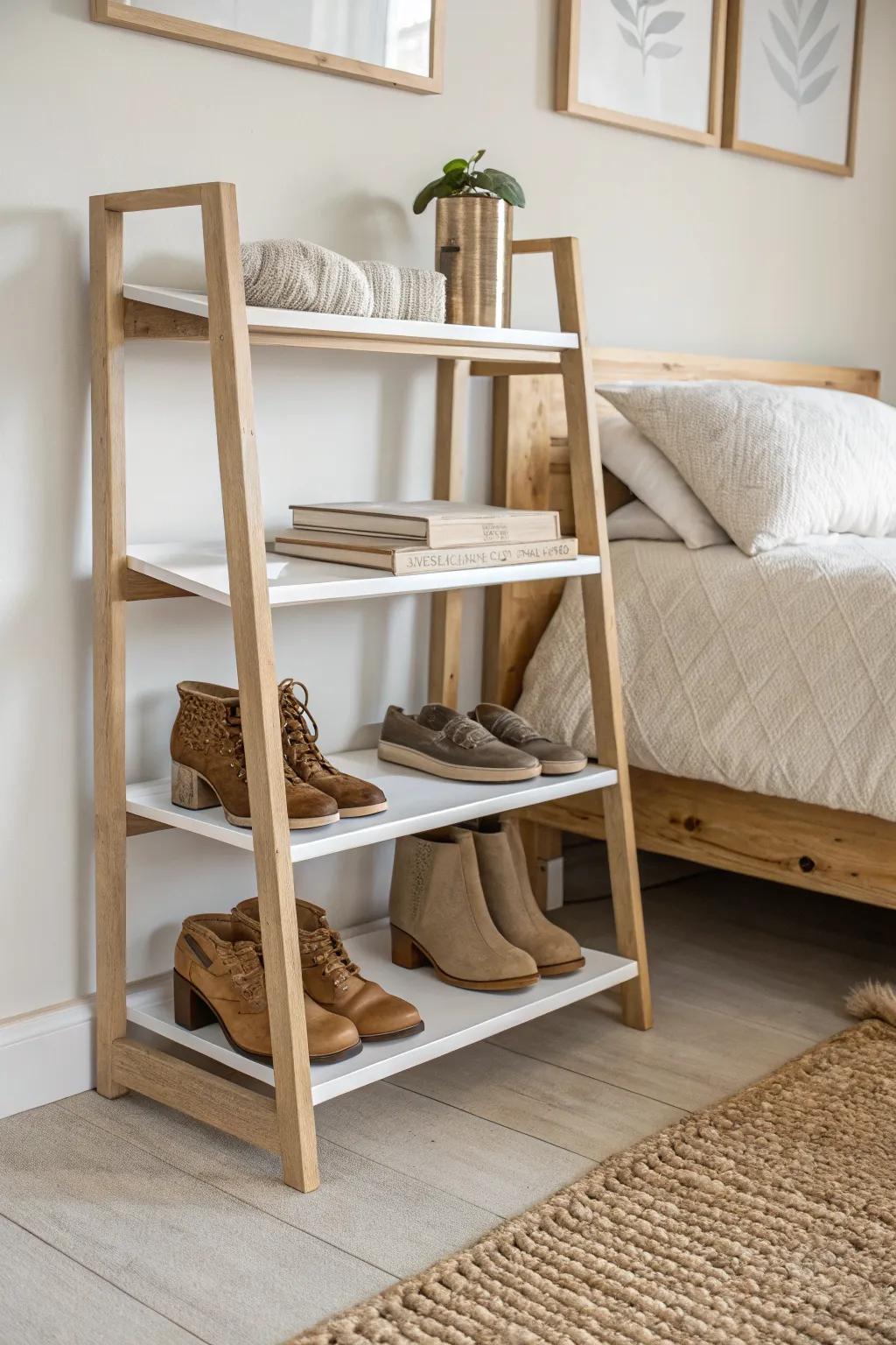 Adjustable shelves keep boots upright and heels protected—clean, calm storage for small bedrooms.