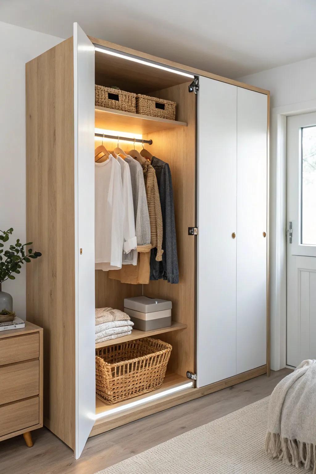 Warm integrated LED wardrobe lighting that makes a tiny bedroom feel instantly luxe.