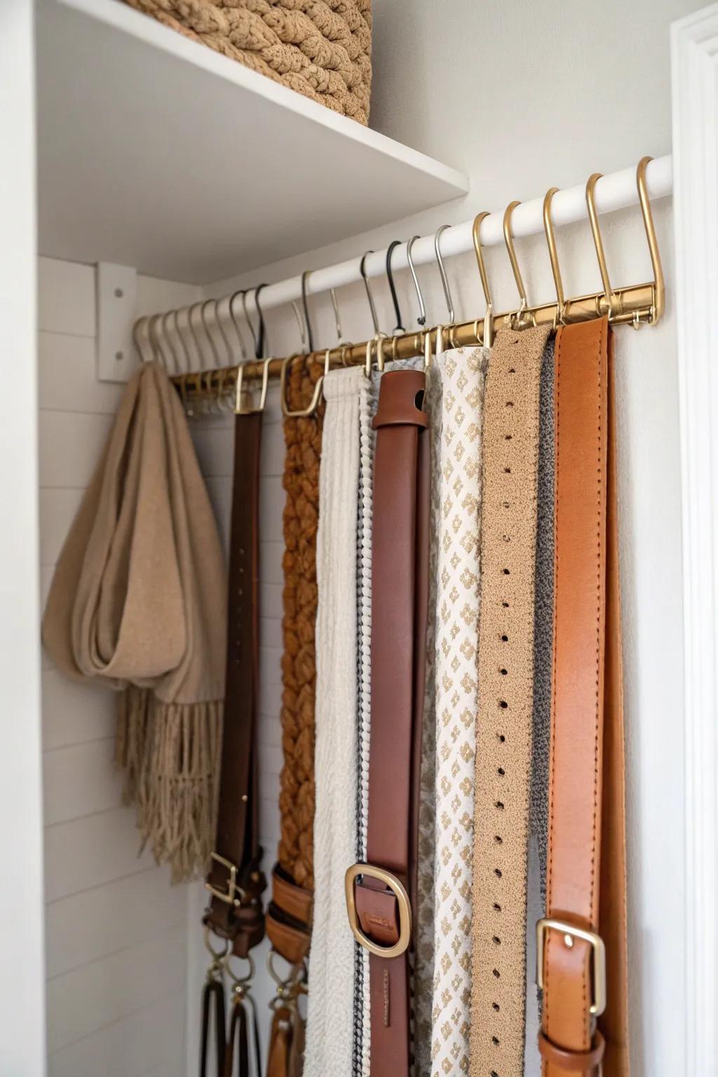 Turn a narrow closet gap into chic belt storage with a simple tension rod.