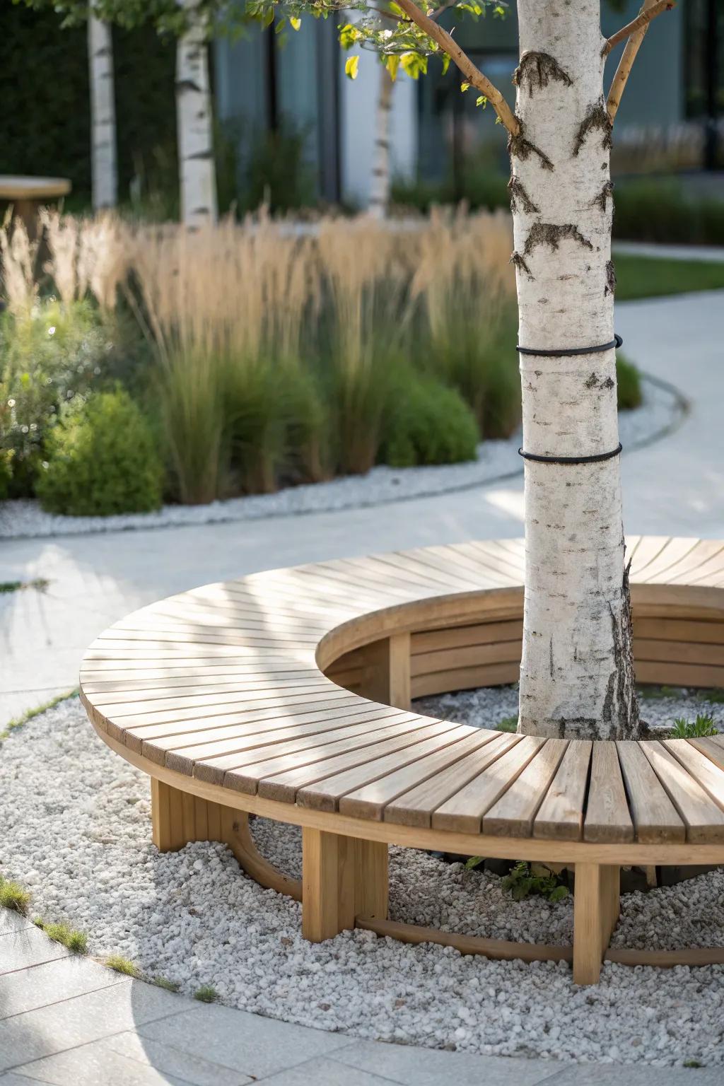 A tree-wrap bench creates a secret-garden moment—instant wow in even the tiniest yard.