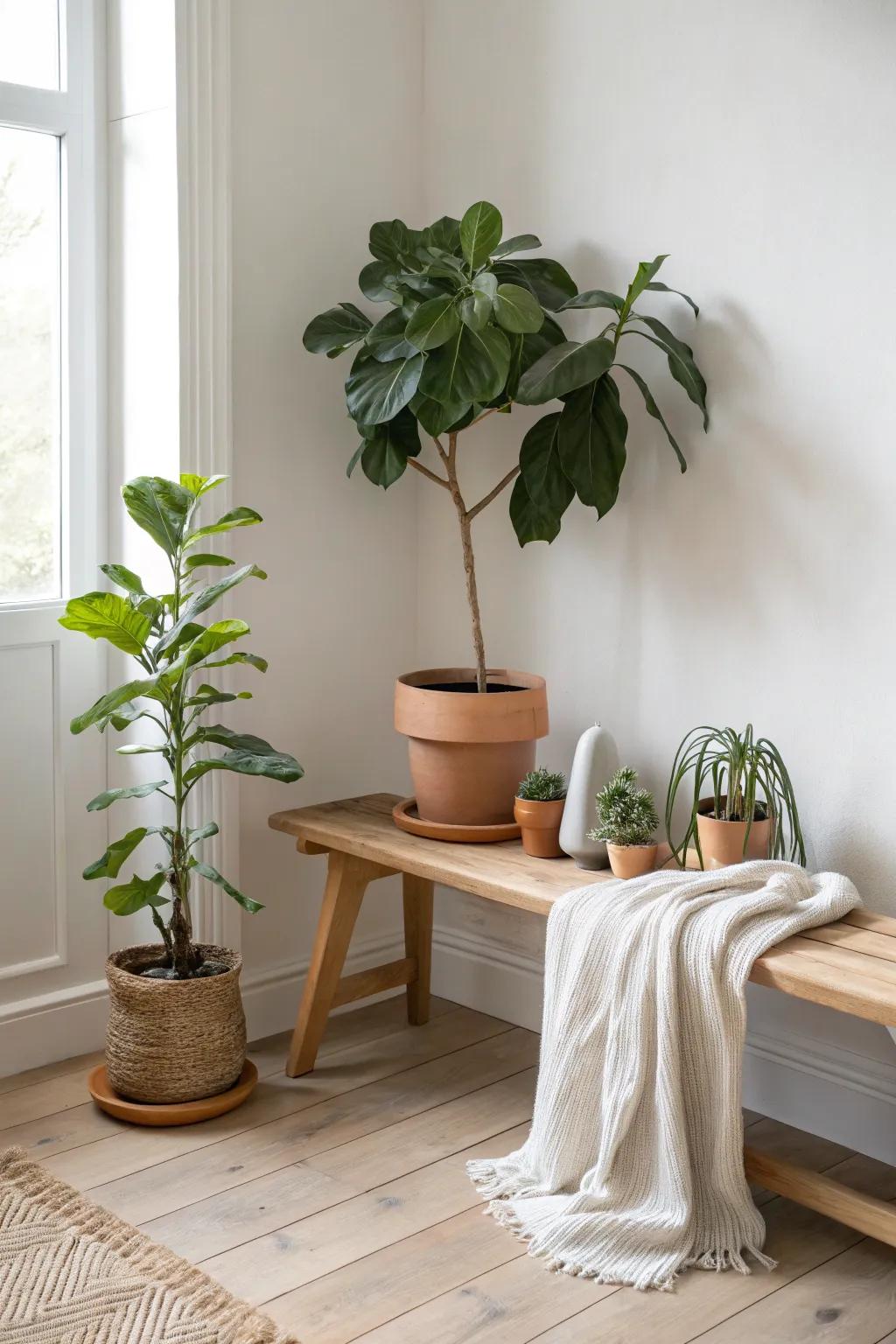 Turn a simple bench into a layered plant stage—tall + small pots for instant designer depth.