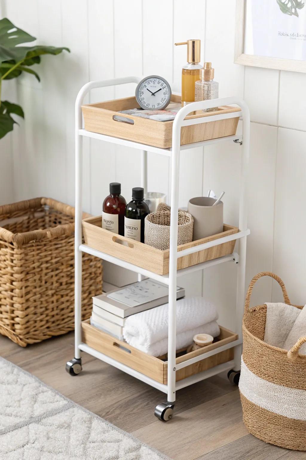 Three-tier rolling cart: morning essentials up top, skincare mid, backups below—ready to roll.
