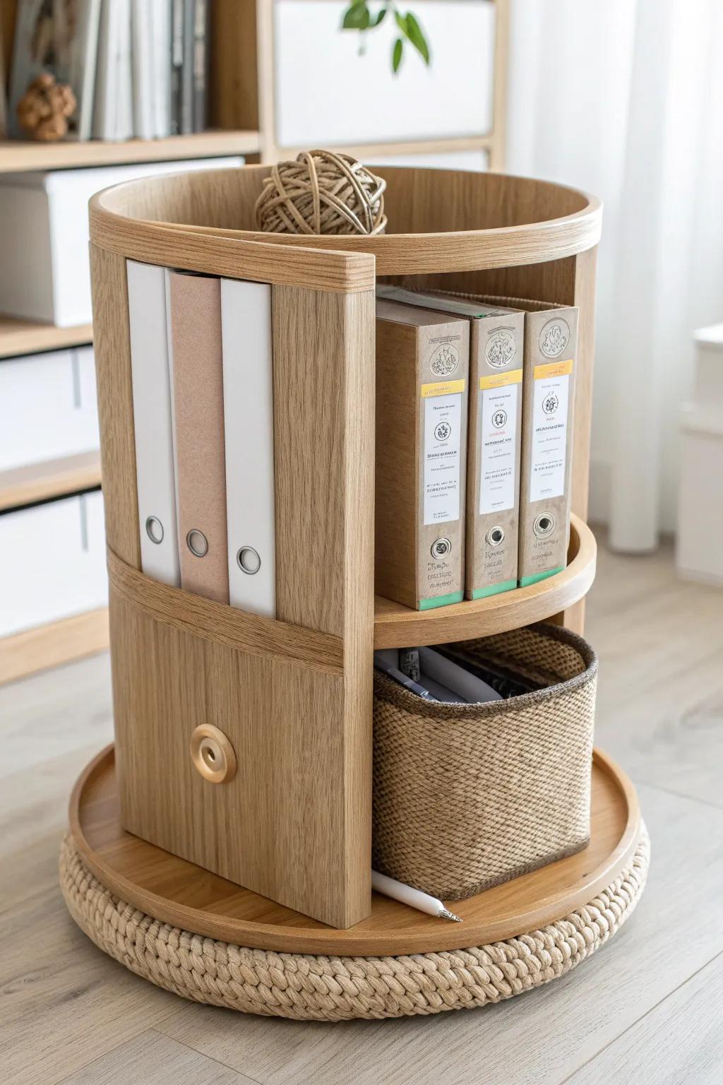 A rotating corner tower turns bulky binders into a sleek, spin-to-find mini library.