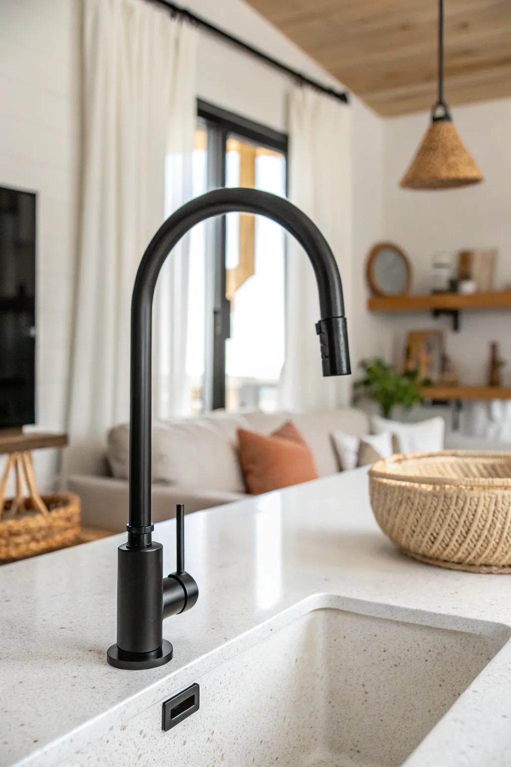 Repeat matte-black accents across kitchen and living zones for a seamless open-concept look.
