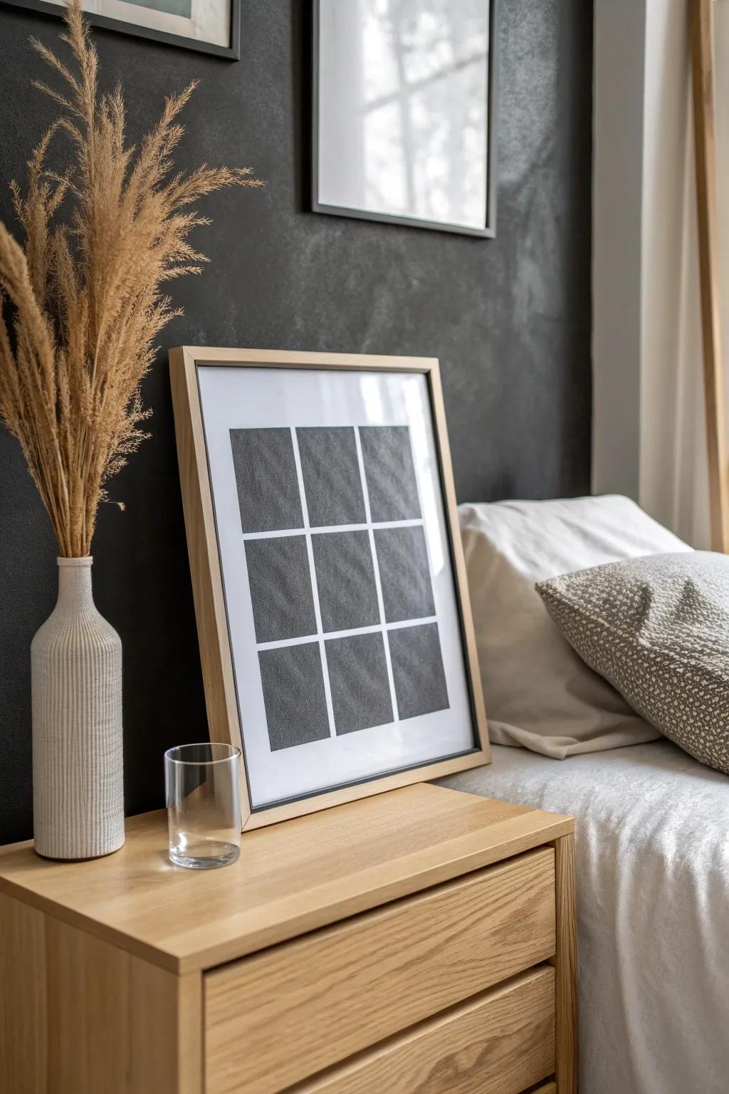 A clean black-and-white art grid pops on black walls—bright, tidy, and perfect for small bedrooms.