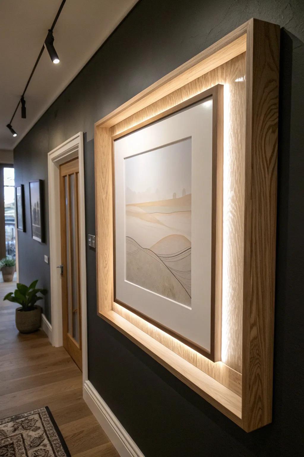 A backlit frame in a black hallway creates a dreamy faux window glow—bright, minimal, magical.