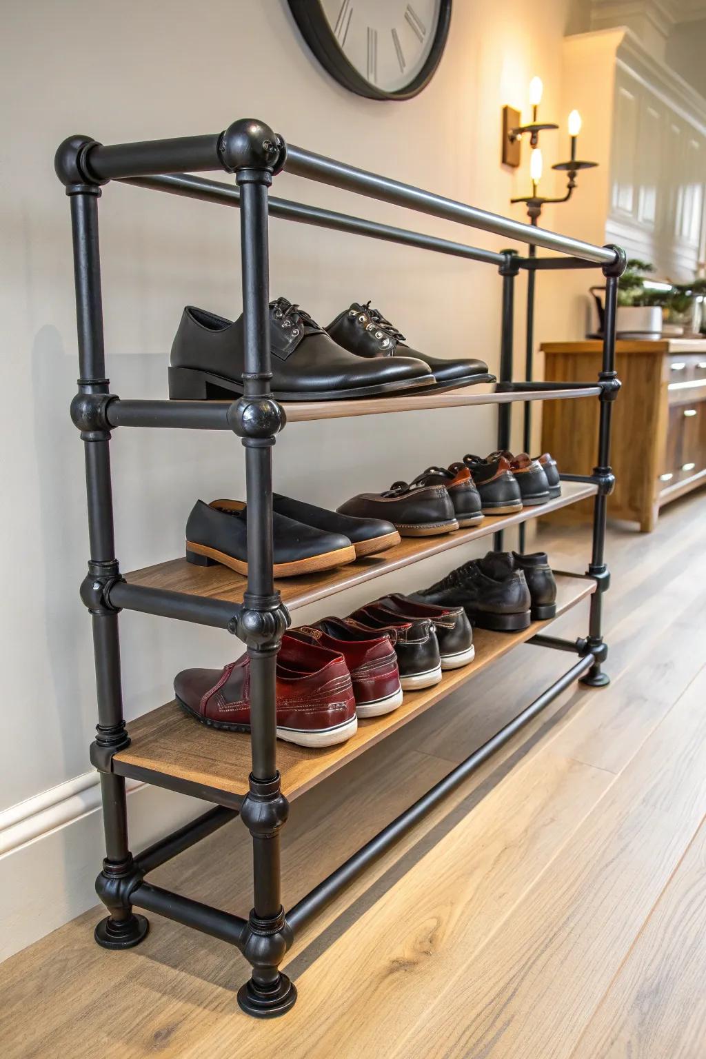 Step up your style with a bespoke black pipe shoe rack that combines functionality with industrial flair.