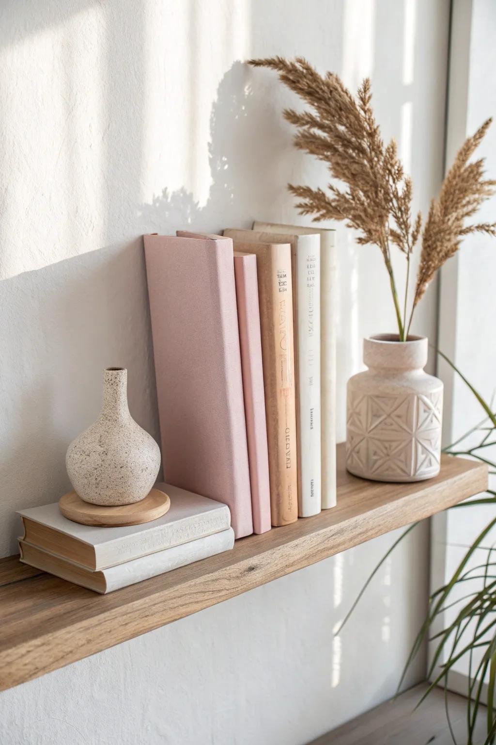 Floating shelf styling: face-out book cover + tidy stack for chic vertical decor.