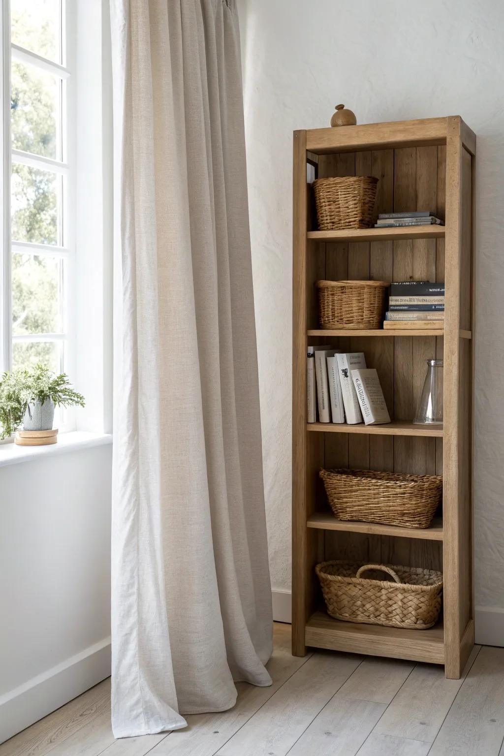 A linen curtain turns an open bookcase into calm, hidden storage—swap textures anytime.