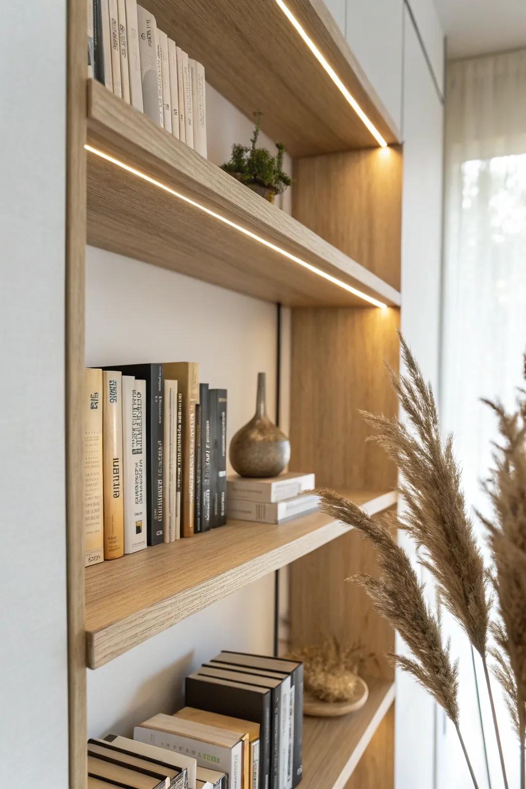 Angled front LED strips brighten book spines evenly—goodbye shadowy shelves and glare.