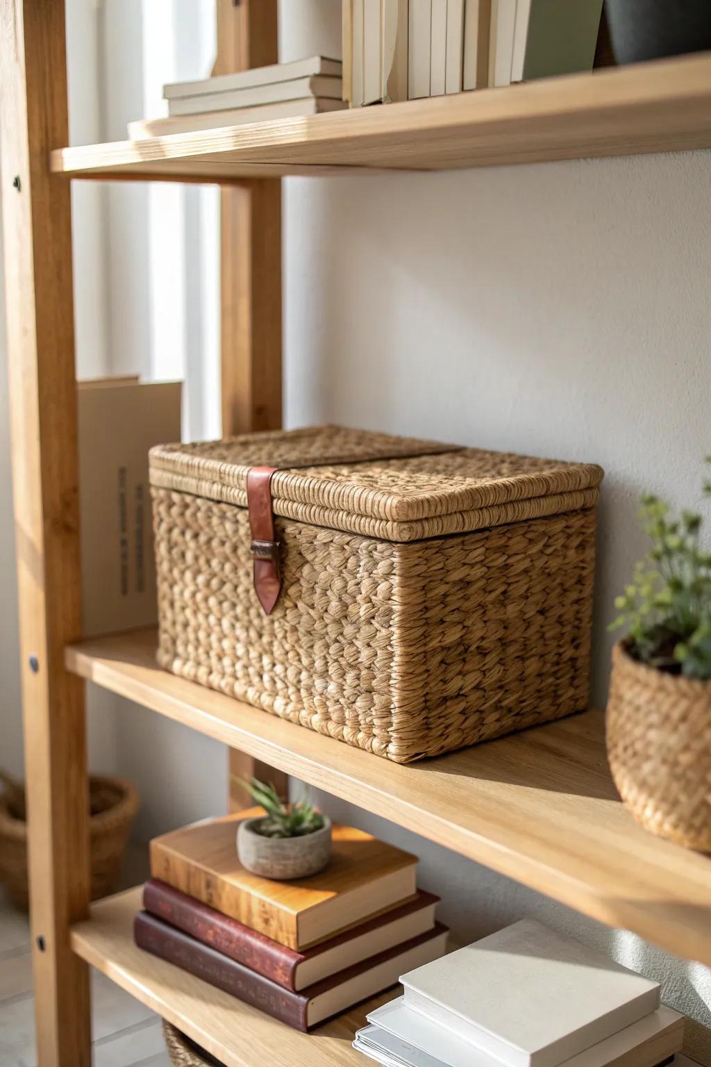 A woven lidded box hides chargers and receipts—instant calm, photo-ready shelves.