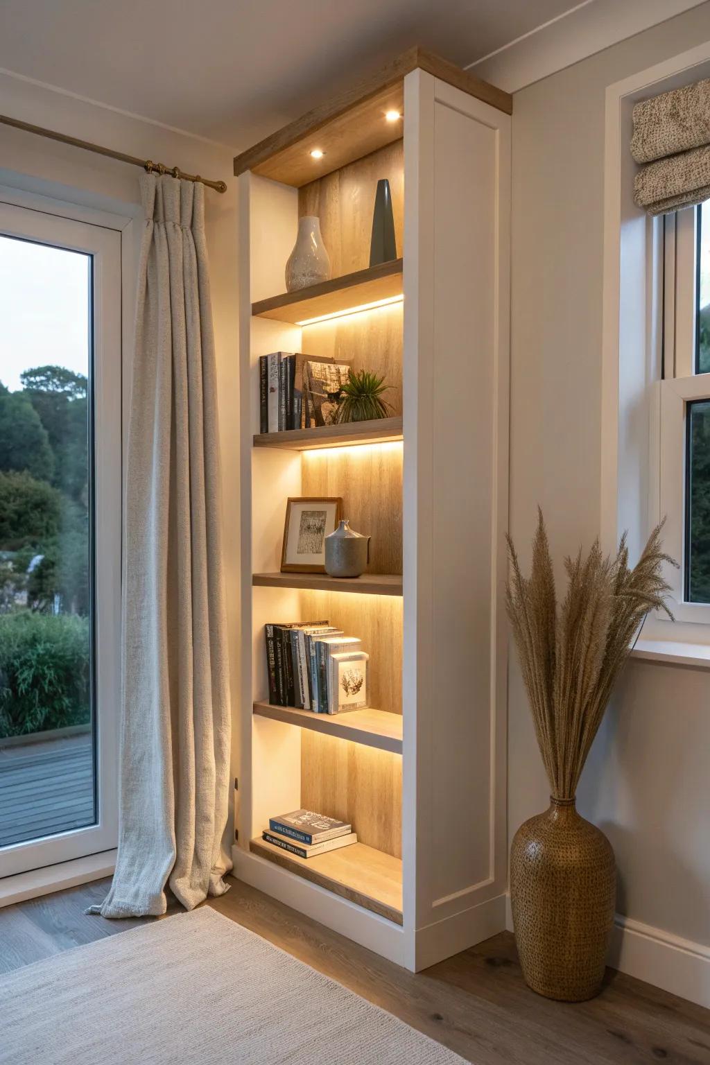 Warm built-in window shelves with soft LEDs—perfect cozy glow for books in small spaces.