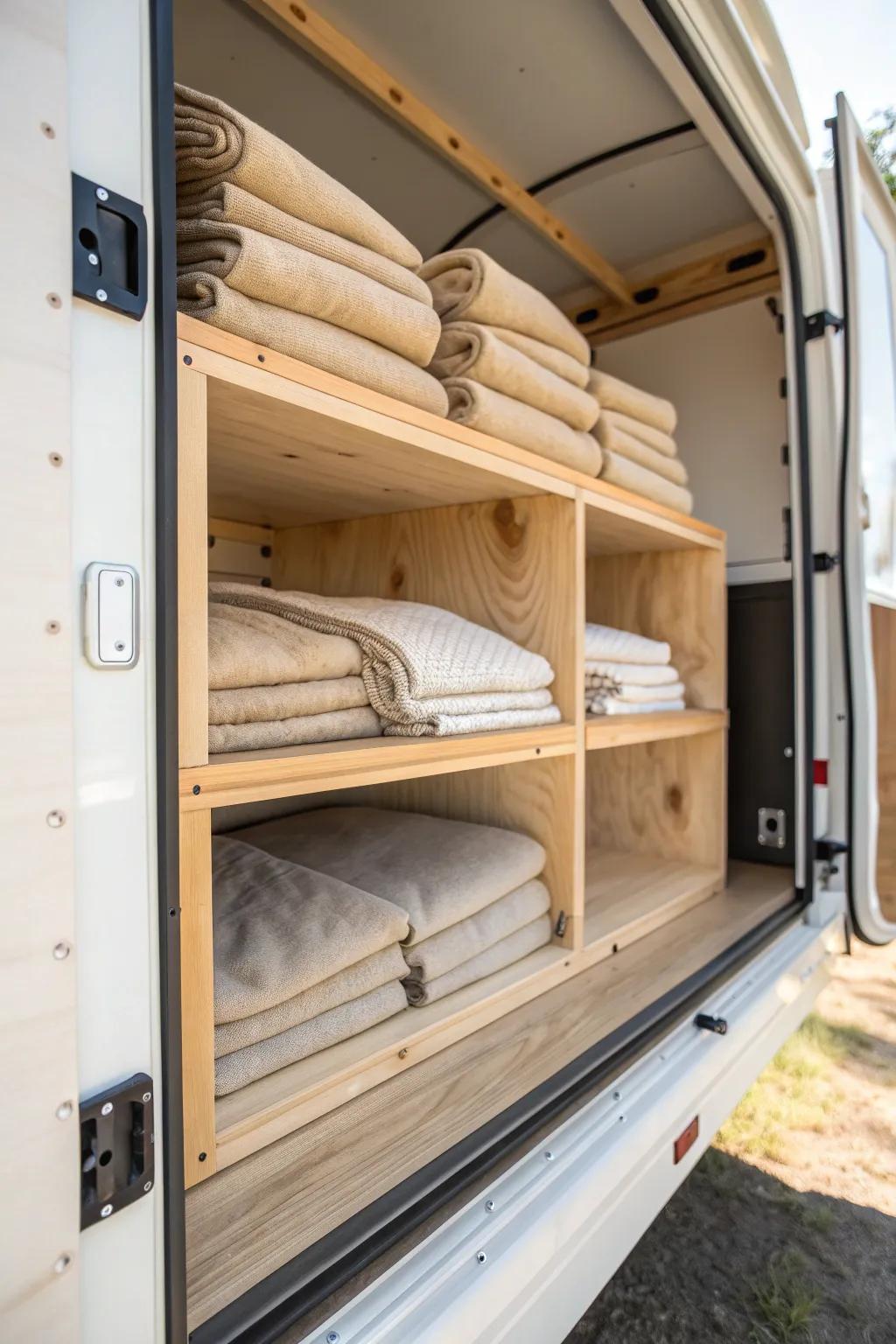 A wide blanket shelf with a front lip keeps pads tidy, secure, and beautifully streamlined.