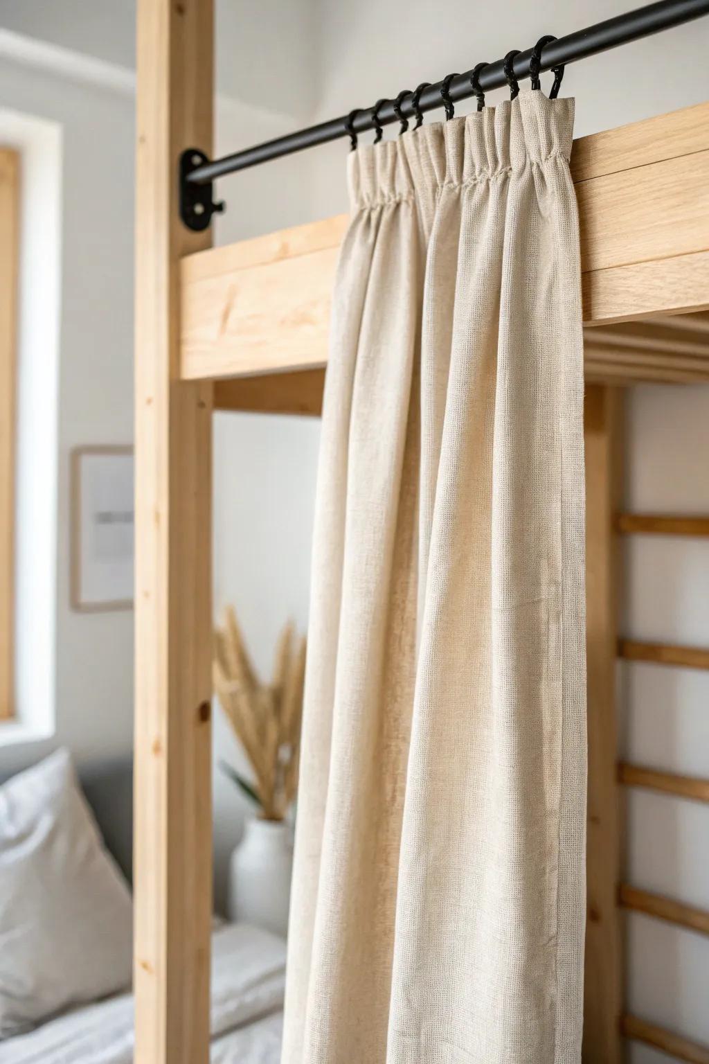 Soft linen bunk curtains give each kid a private nook—calm, renter‑friendly, and beautiful.
