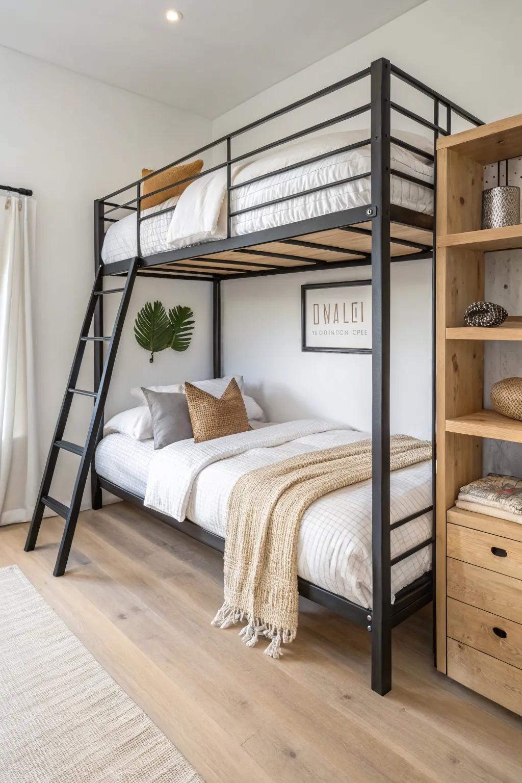 Black metal bunk bed + oak ledge shelves—industrial lines softened by warm Scandinavian wood.
