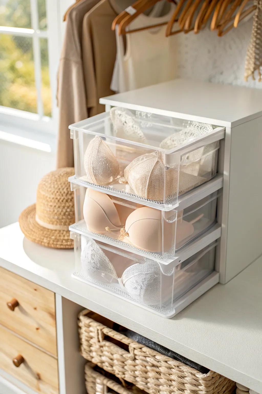 Stack clear drawers on a shelf to protect bra cups and see every style at a glance.