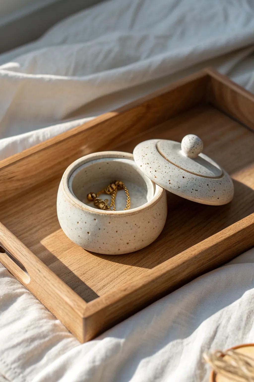 A tiny lidded box keeps delicate chain bracelets tangle-free—minimal, pretty, and practical.