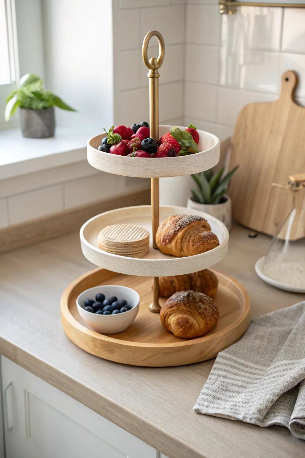 Tiered breakfast tray tower: a café-style vertical display perfect for tiny counters.