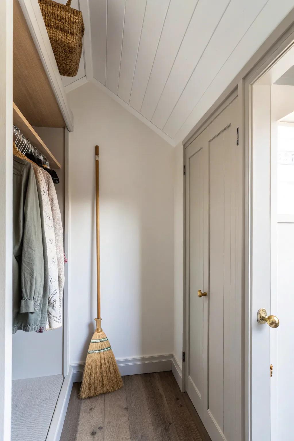Ceiling-mounted hooks keep brooms steady and the closet floor open for a basket.