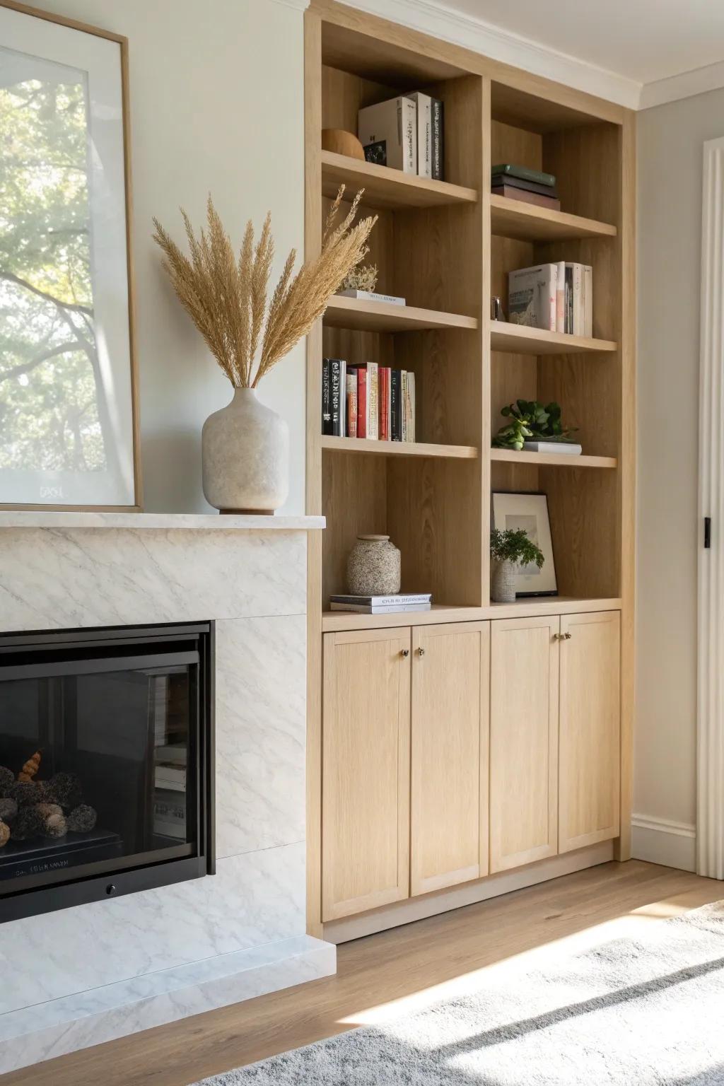 Fireplace-flanking built-in cabinet with hidden storage—clean, calm, and perfectly balanced.