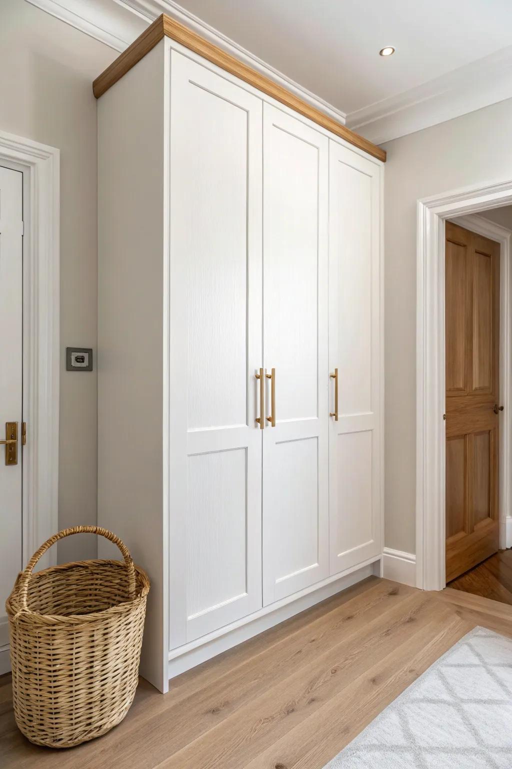 A slim built-in closet that disappears into the hallway—instant storage, zero clutter.