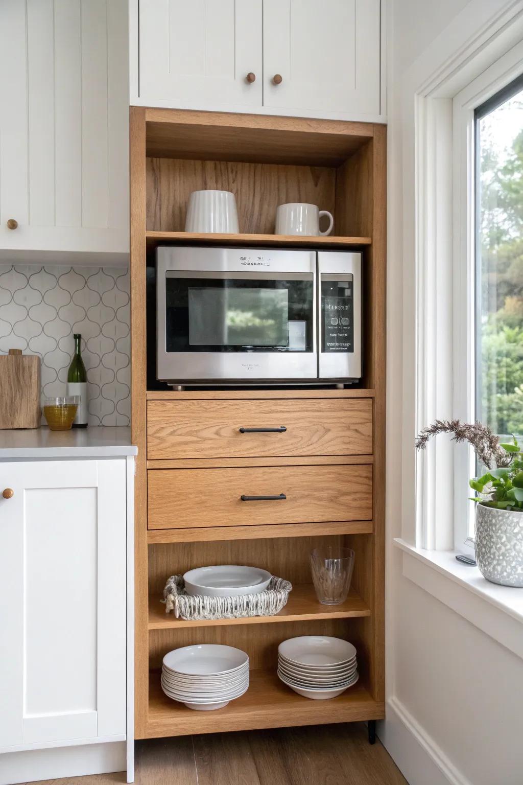 Built-in microwave cabinet with a shelf above and drawer below to keep safe dishes together.