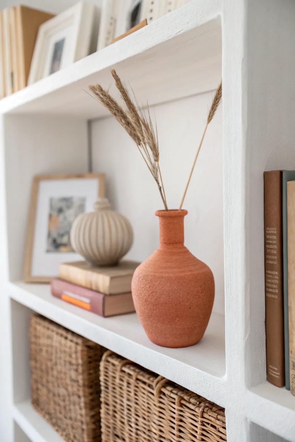 Echo one accent color to make built-in shelves feel cohesive—tiny repeats, big impact.