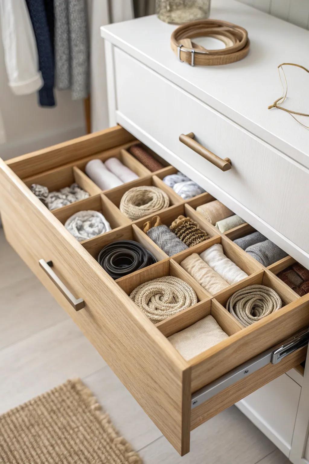 Built-in dividers turn one wardrobe drawer into a tidy, two-minute organizing win.