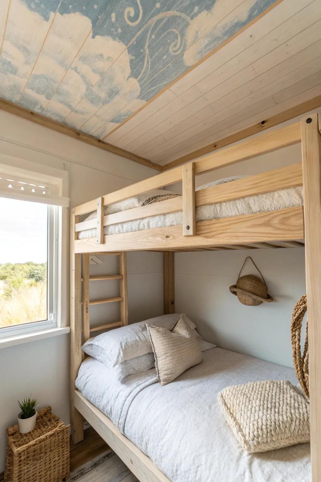 Turn a low top bunk into a dreamy retreat with a soft painted ceiling mural overhead.