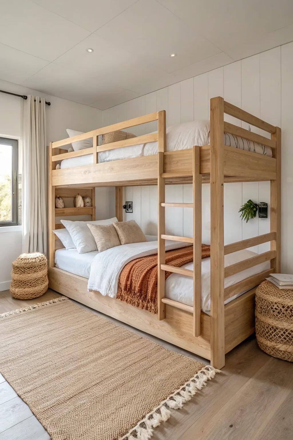Symmetrical quad bunks in pale oak—cozy, balanced, and designed to make tiny rooms feel grand.