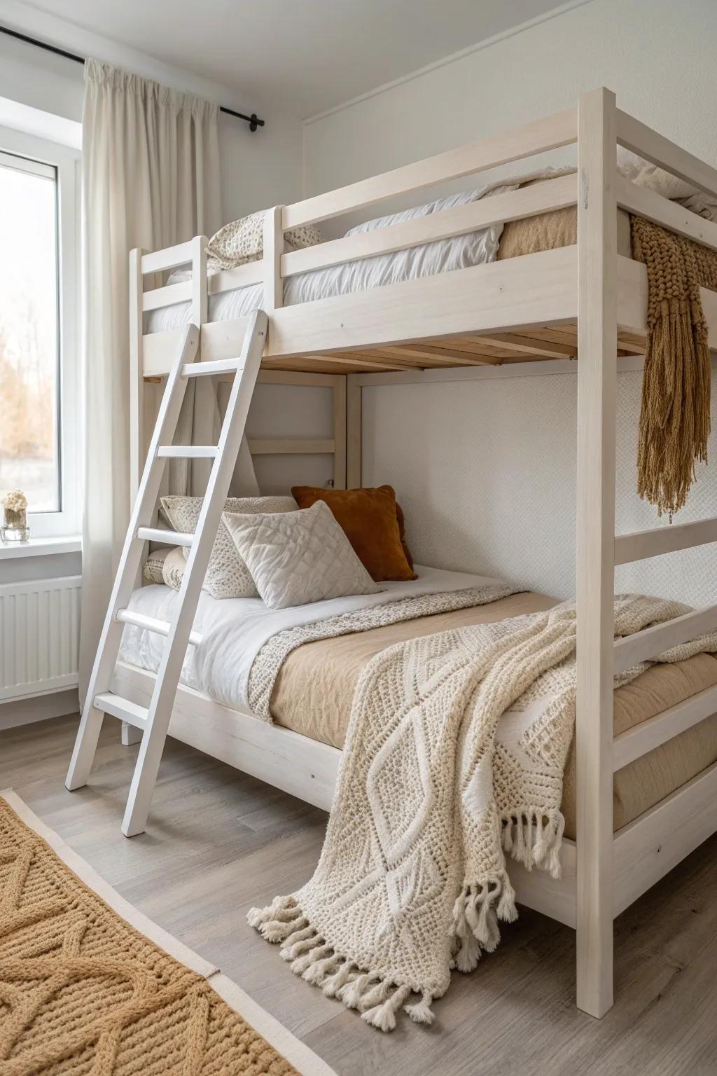 Tone-on-tone neutrals and warm wood make adult bunks feel calm, crafted, and luxe.