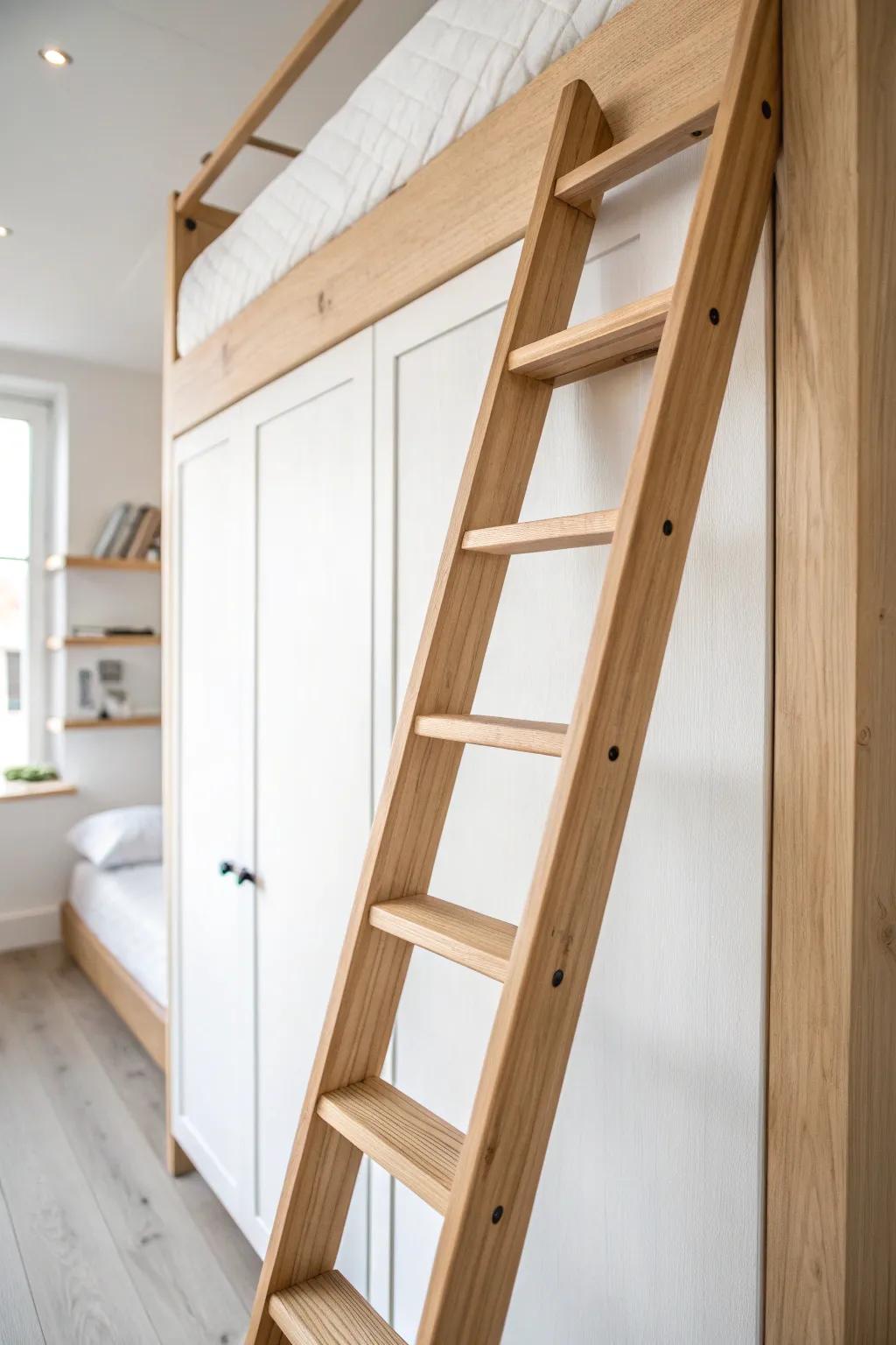 A secret slide-out ladder that keeps your loft's walkway clear—minimal, warm, and clever.