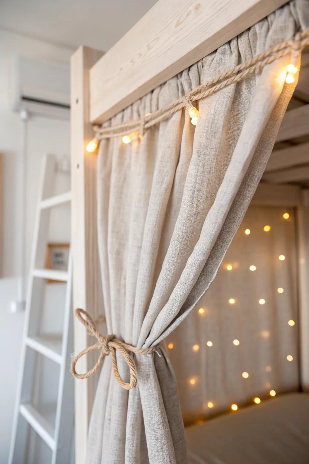 Linen bunk curtain canopy with hidden fairy lights—soft, private glow for tiny rooms.