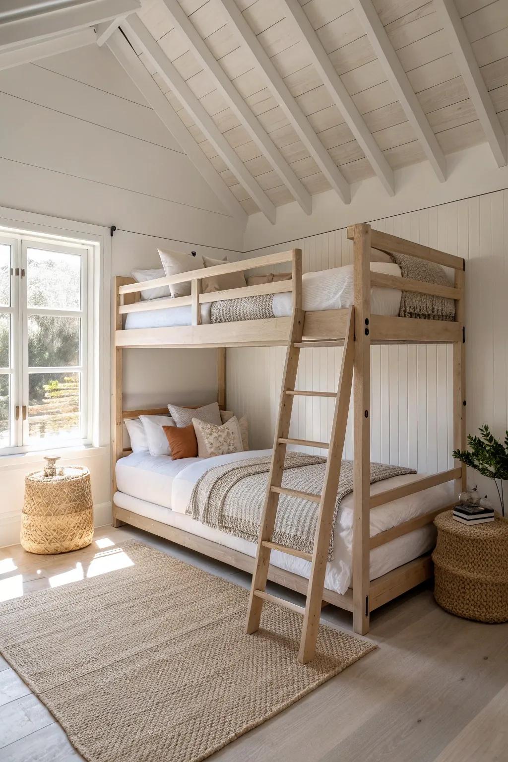 A triple bunk stack that turns high ceilings into sleepover-ready space—minimal, warm, wow.