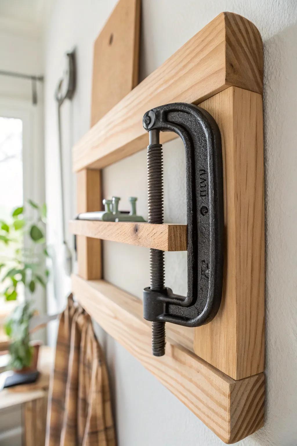 Nest smaller C-clamps inside larger ones on a wall rack for sleek, space-saving storage.