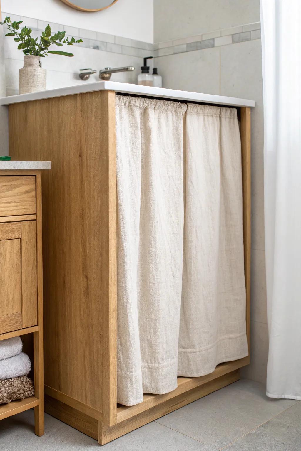 Lined cabinet curtains create a clean, calm look—no more bottle silhouettes or shadow clutter.