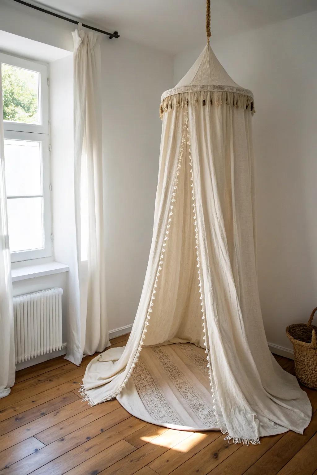 A simple linen canopy turns a small calm corner into a private cocoon—no walls needed.