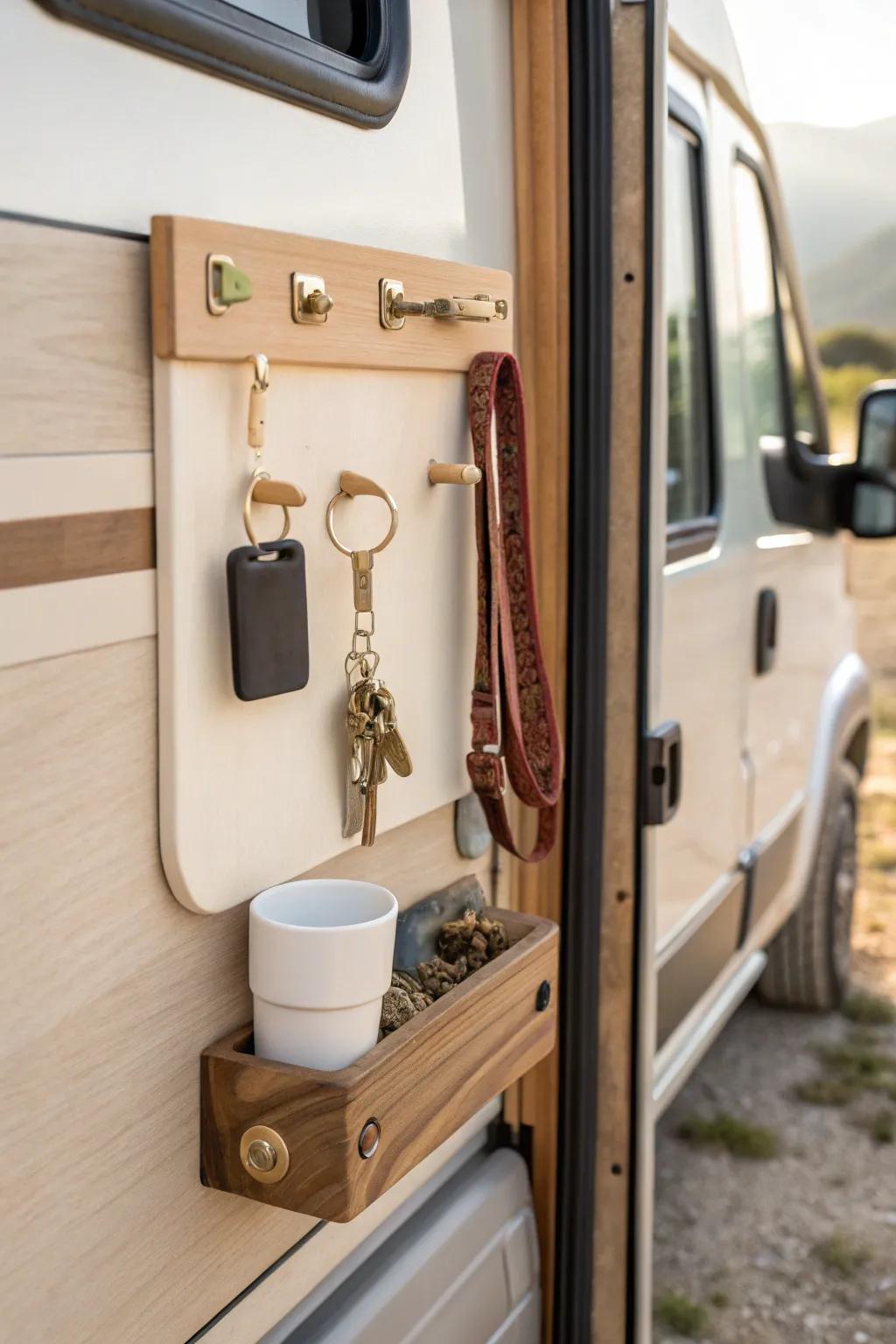 A tiny camper-door key + leash drop zone that keeps essentials tidy in small spaces.