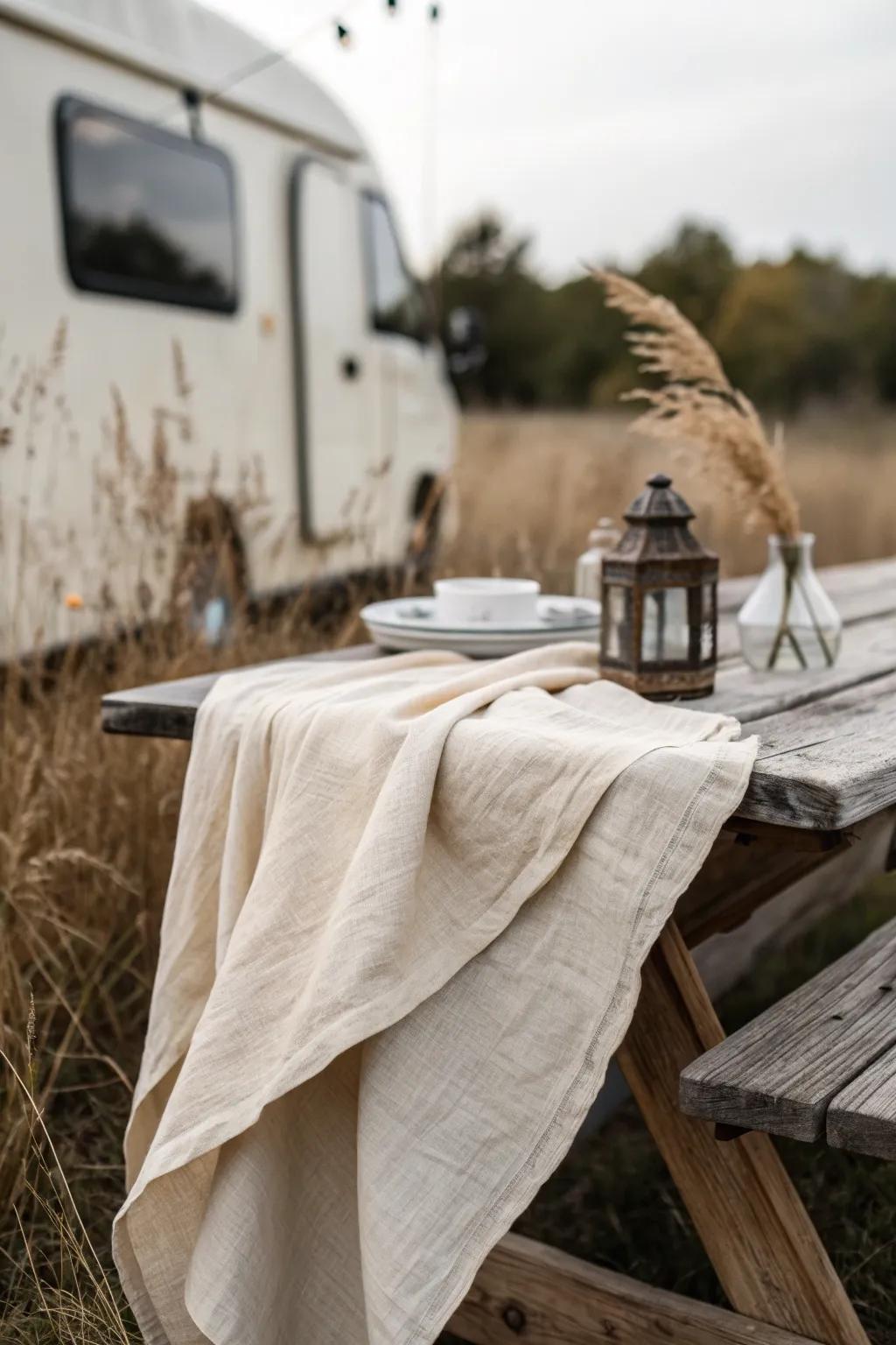 A simple linen tablecloth instantly turns a camper picnic table into a dining-room moment.