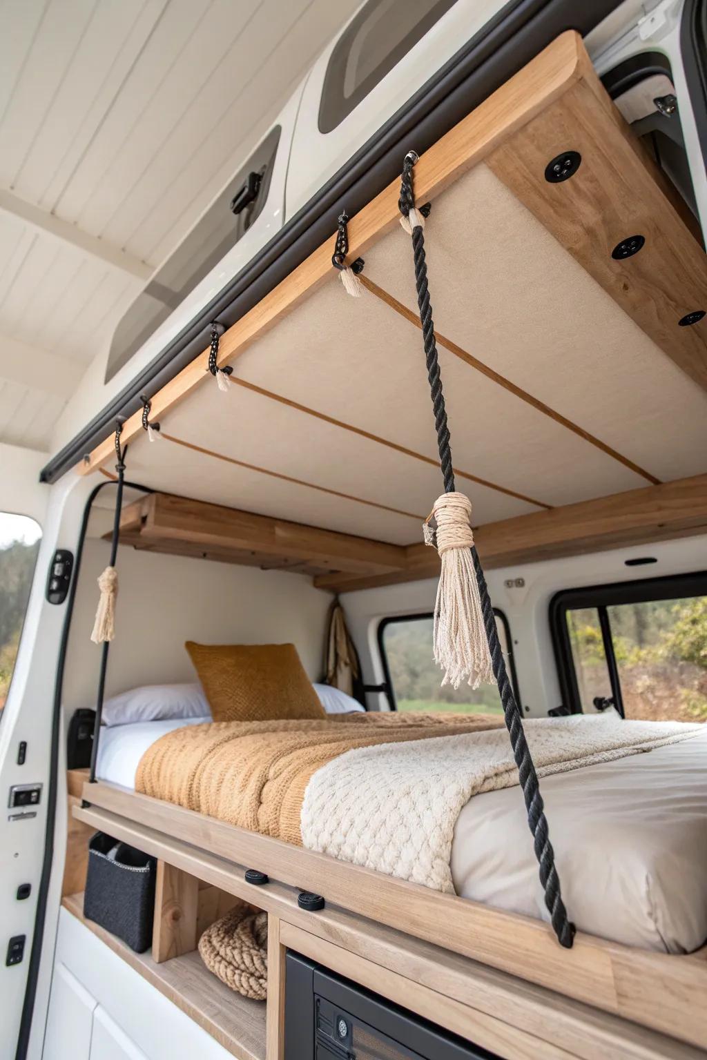 A ceiling lift bed keeps your van open by day—then lowers into a cozy full-size sleep zone.