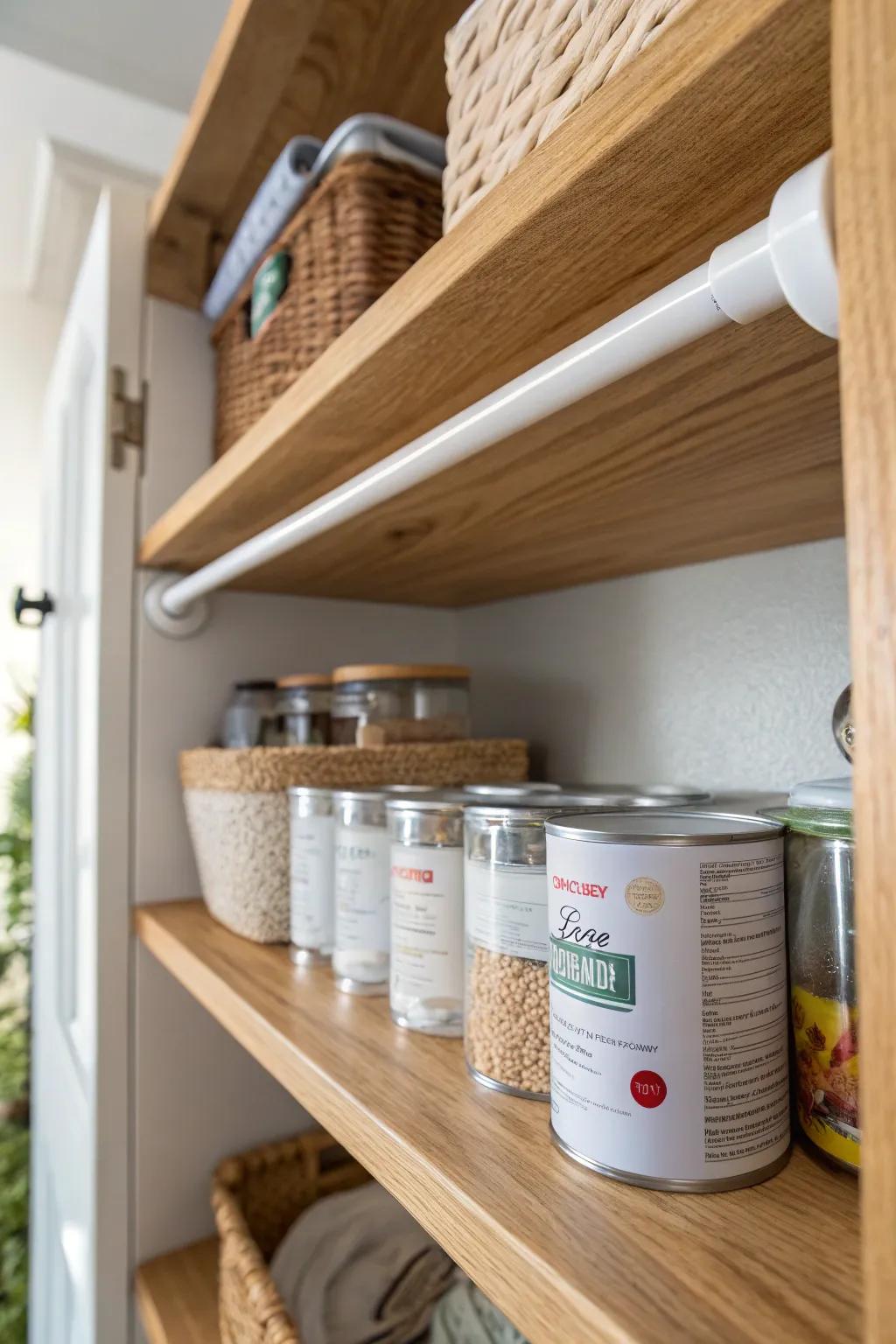 A simple tension rod keeps cans from rolling forward—clean, calm storage for deep shelves.
