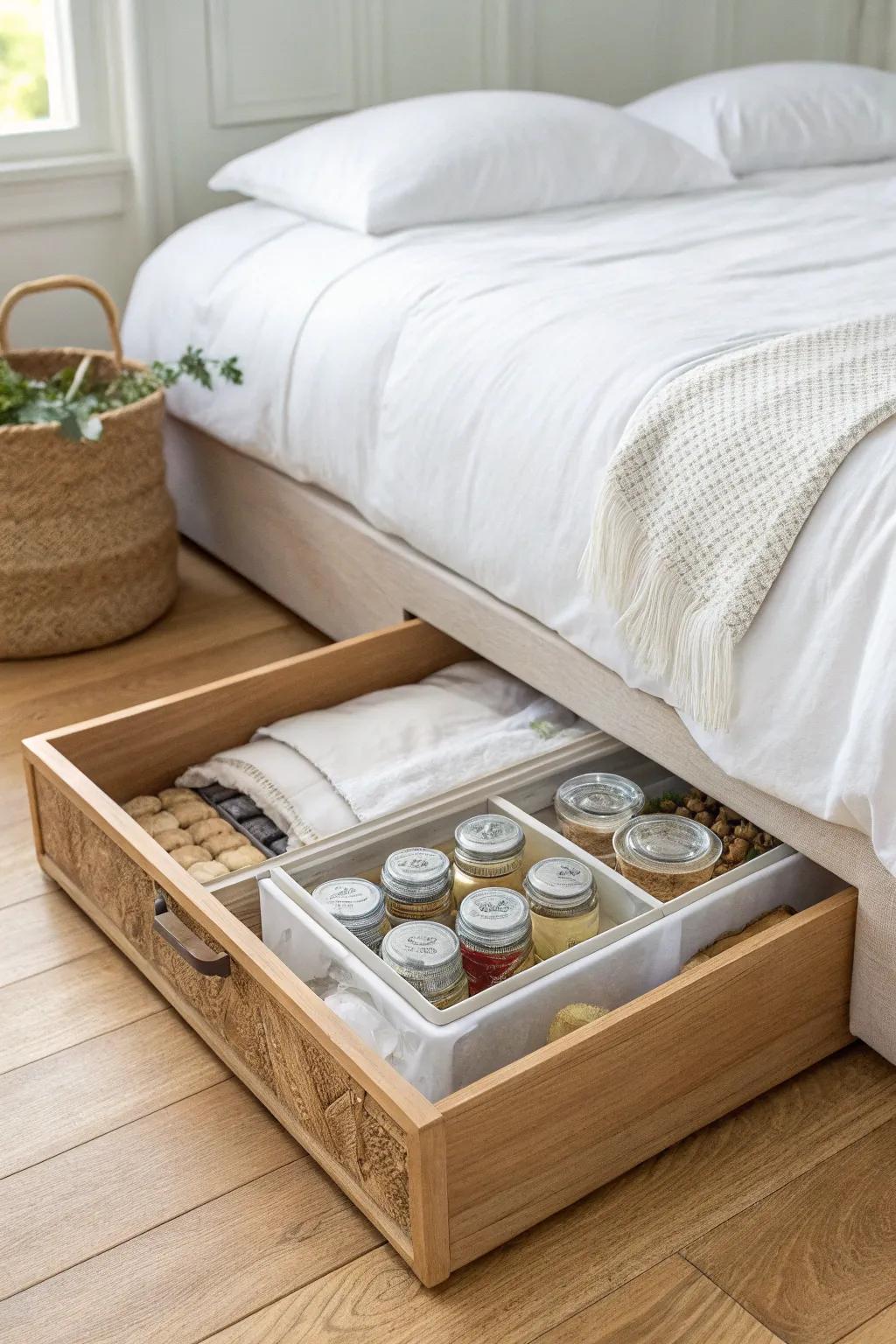A slim under-bed box hides jar overflow in calm minimalist style—neat, bright, and space-smart.