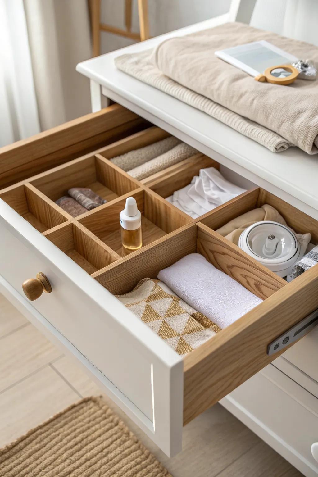 Hidden storage magic: drawer dividers keep every changing-table essential in reach.